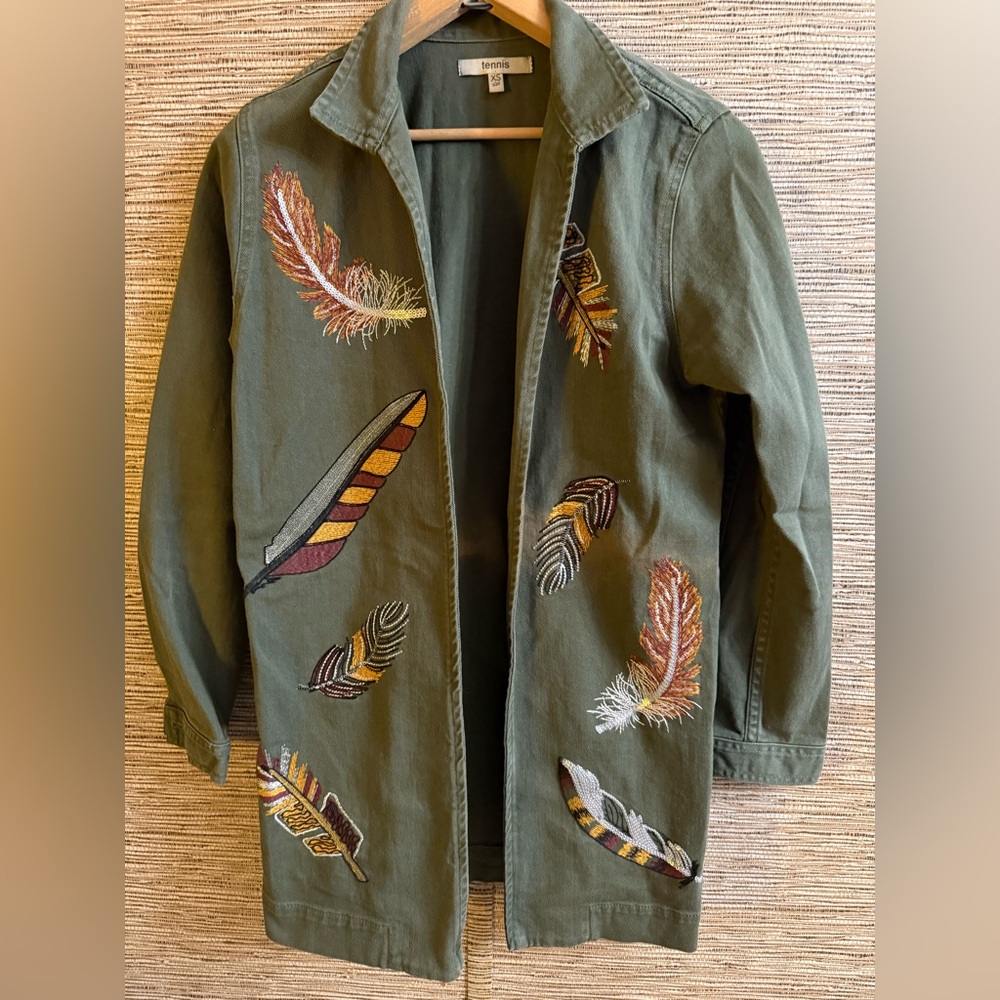 Tennis TNS Columbian Jean Jacket Embroidered Olive Green Feather Oversize XS